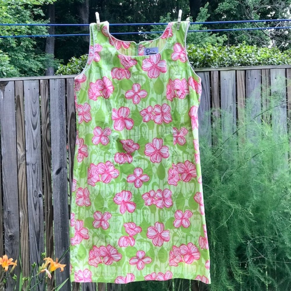Vintage Lilly Pulitzer Classic Shift Dress Pink & Green Flamingo Floral Sz 14